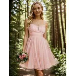 Quality Unique Spaghetti Strap A-line Short Mini Pink Chiffon Graduation Dress for sale
