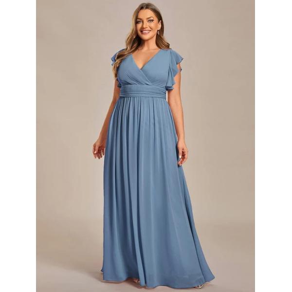 Empire Plus Size V-neck Open Back Ruffled A-line Cap Sleeves Dusty Navy Chiffon Evening Dress