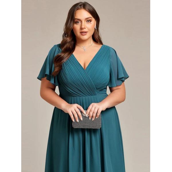 Chic V-neck High-low Short Flutter Sleeves A-line Ruffles Midi Invisible Zipper Teal Chiffon Wedding Bridesmaid Dress