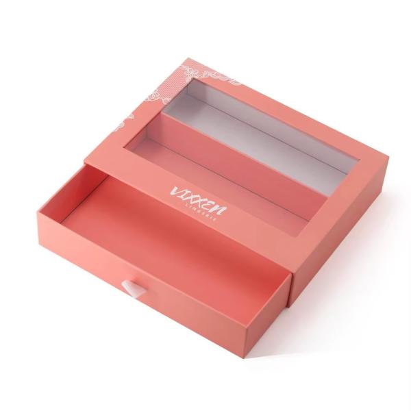 Buy Custom Paper Drawer Cardboard Gift Wrap Sliding Pull Out Packaging Box With Clear PVC Die Cut Window at wholesale prices