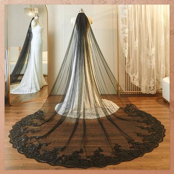Customized 4m*3m Wholesale Long Cathedral Appliqued Lace Sequins Tulle A Top Vantage Bridal Wedding Black Veil With Hair