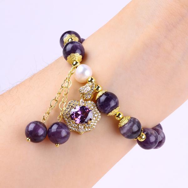 10mm Bead Dream Amethyst Stone Stretch Bracelets With Purple Bling Bling Charm