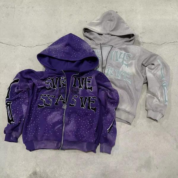 Custom Fashion Streetwear Sun Faded Heavy Cotton Vintage Acid Washed Zip up Oversized Boxy Fit Rhinestone Hoodie Manufacturers