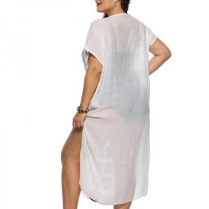 Women white see-through beach kimono style maxi dress with flower print