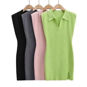 Fashionable Style Polo Neck Buttock Skirt Open Knit Short Dress For Women