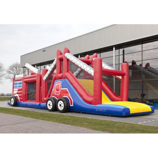 Buy Funny Fire Truck Bounce House Obstacle Course With Climbing Wall at wholesale prices