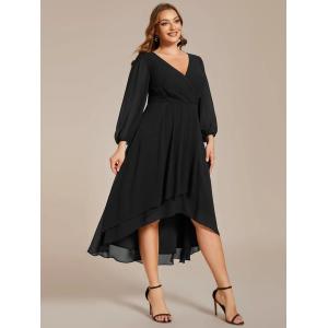 Plus Size Ruffled A-line Long Sleeve V-neck High Low Wedding Guest Dark Purple