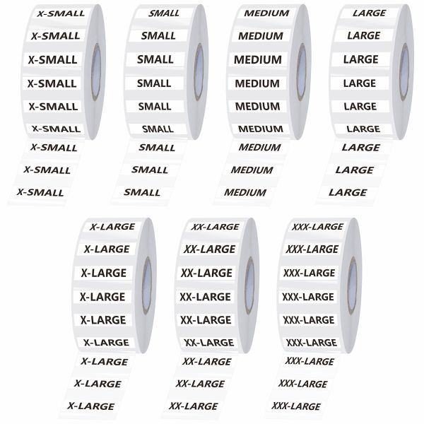 Transparent clothing size strip label tear resistant 250 strips per roll, 3.18 cm X 12.70 cm