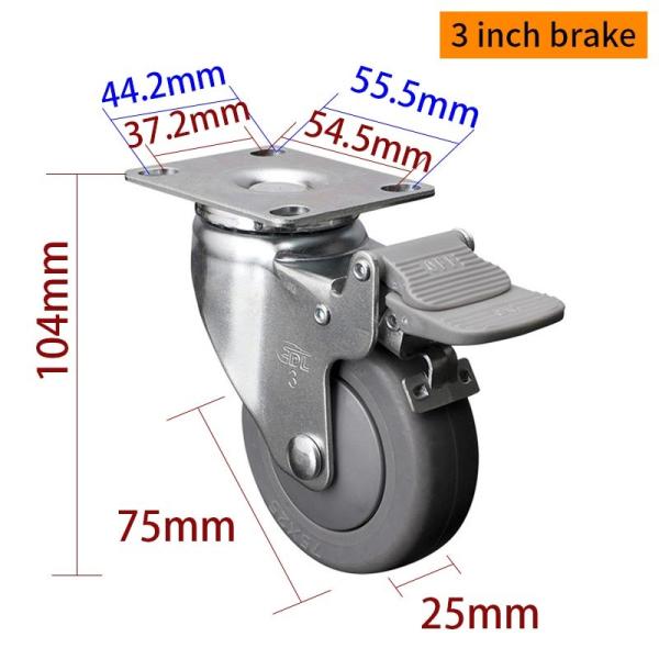 3 Inch Replacement Caster Wheels , 100mm Castors With Brakes 3713P-57