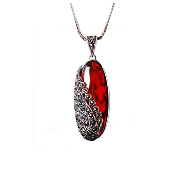 Vintage Thai 925 Silver Garnet Marcasite Pendant and 18 Inches Chain(N11065RED)