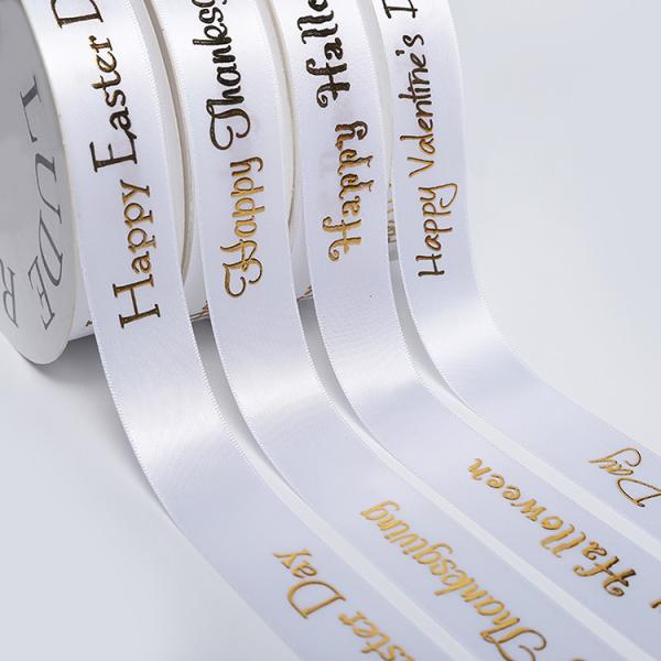 Buy Gold Printing Custom Made Ribbons , Smooth Surface White Satin Ribbon at wholesale prices