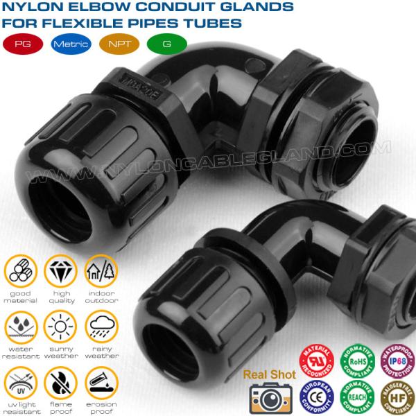90° Elbow IP68 Waterproof Plastic Flexible Conduit Gland with Metric Thread for AD13-AD48 Corrugated Pipes 90° Elbow IP68 Waterproof Plastic Flexible Conduit Gland with Metric Thread for AD13-AD48 Corrugated Pipes