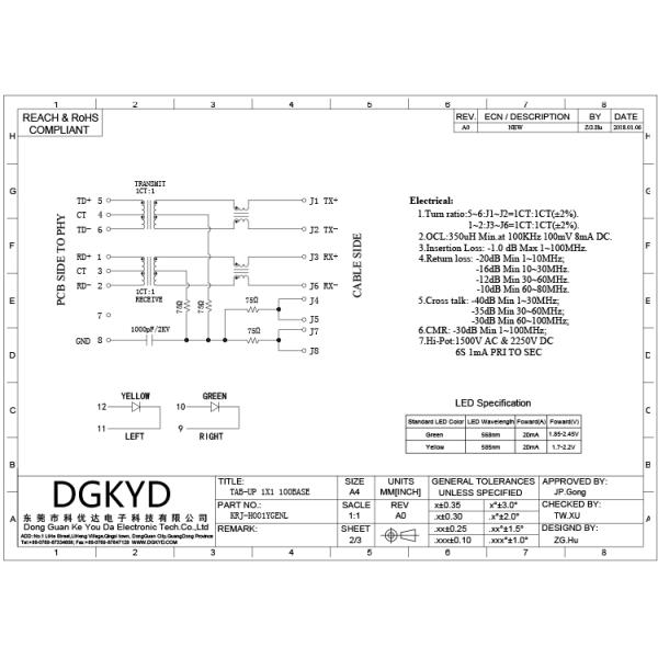 KRJ-H001YGENL single port RJ45 Magnetics jack, Side Entry 100Mb rj45 8p8c connectors