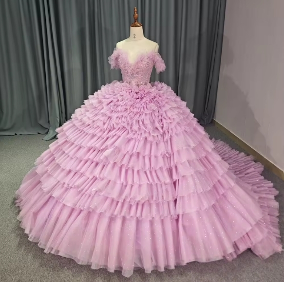 Elegant Off-the-shoulder Beaded V-neck Pink Multi-layer Skirt Tulle Quinceanera Ball Gowns Cake Dresses For 15 Girls