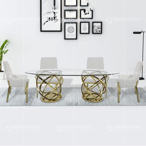 Oval Shape Tempered Glass Dining Table 240x120x75cm White Reeded Pillar
