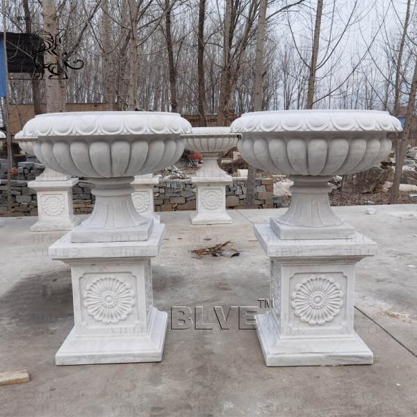 Natural Stone Flower Pot White Marble Planter Urns Handcarved Large Garden Modern Home Decoration Design