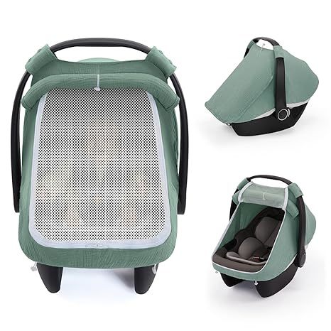 Buy Roman Green Muslin Cotton Baby Car Seat Cover with Mesh Window at wholesale prices