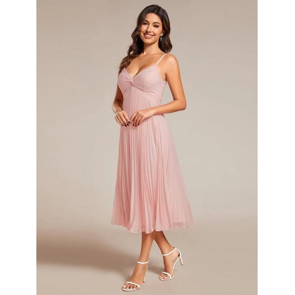 V-neck Empire Midi Pink Chiffon Stacked Pleating Backless Wedding Guest Dress Graduation Dresses