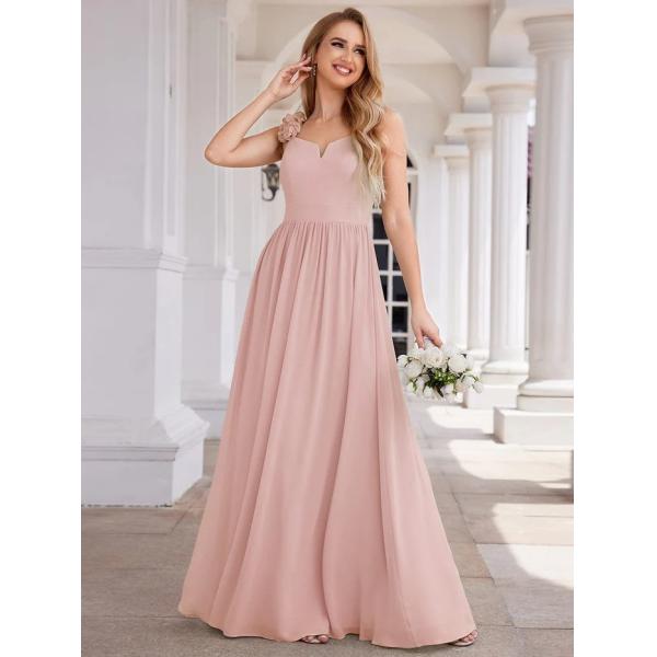 Elegant V-neck Floral Strap Empire A-line Waist Pink Chiffon Bridesmaid Dress