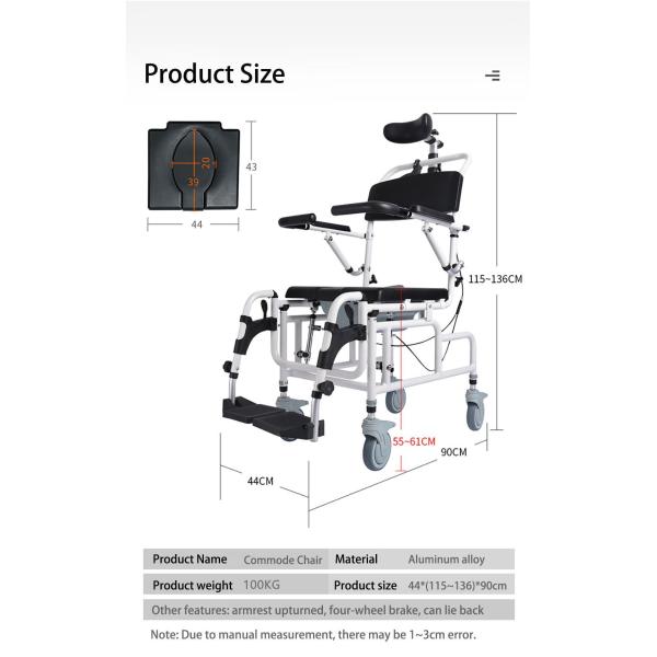 Bathroom Chair Patient Transfer Shower Blow Molding Hospital Toilet Portable Aluminum Commode Wheelchair for Disabled