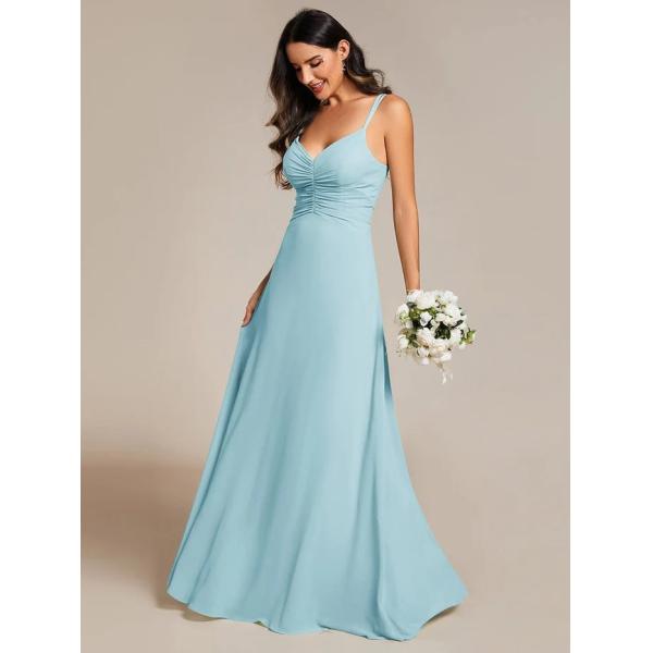 Beautiful Empire A-line Adjustable Straps V-neck Pleated Sky Blue Chiffon Evening Dress