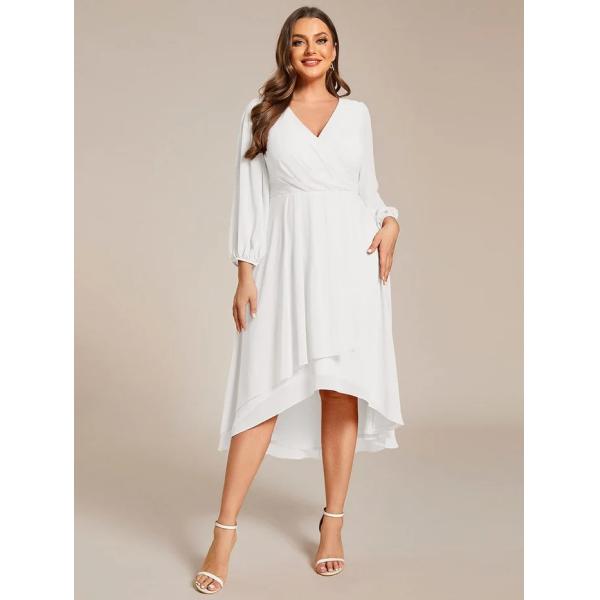 Plus Size Ruffled A-line Long Sleeve V-neck High Low Wedding Guest White Chiffon Party Dress