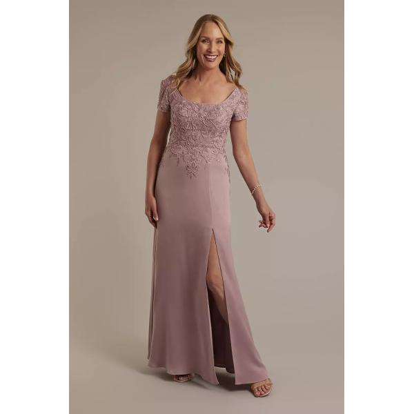 Exquisite Embroidered Zipper Short Sleeve Quartz Satin Split Slit Plus Size A-line Mother Of The Bride Dress