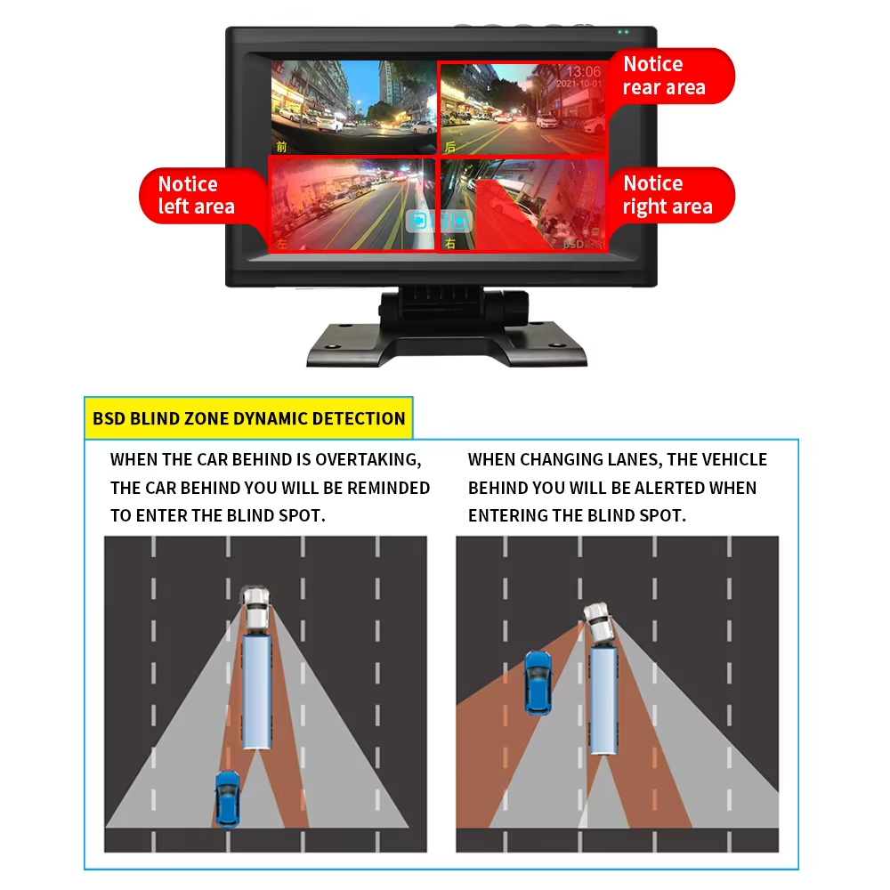 AI MDVR 7 Inch Touchscreen Video Recorder Featuring Four Channel Panoramic Monitoring and Blind Spot Detection System