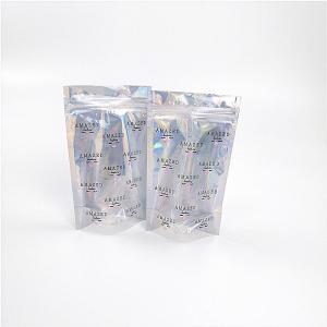 Shinny Glossy Hologram Cosmetic Packaging Bag Biodegradable With Transparent