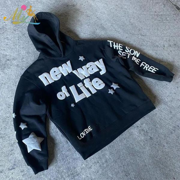 Custom Manufacturer 3d Puff Printing Hoodie Pullover Cotton Fleece Heavyweight No Strings Hoodies Sweatshirt Men Streetwear