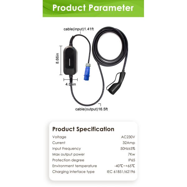 EVCOME Portable Electric Car Charger (220V 7KW MAX 32A Ajutable ) 5M Or Customized Cable With OEM ODM