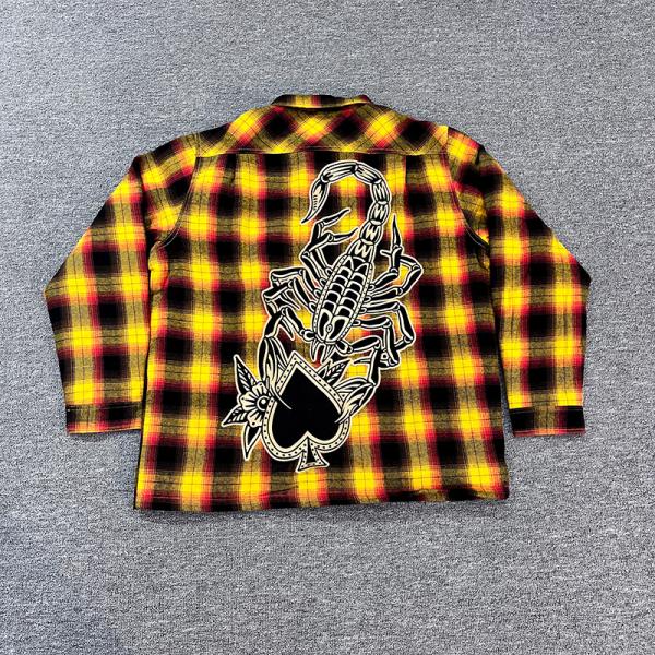 Custom Embroidery Patch Vintage Logo Men's Long Sleeve Plaid Button Up Shirt In Cotton Fabric With Customized Printing Label