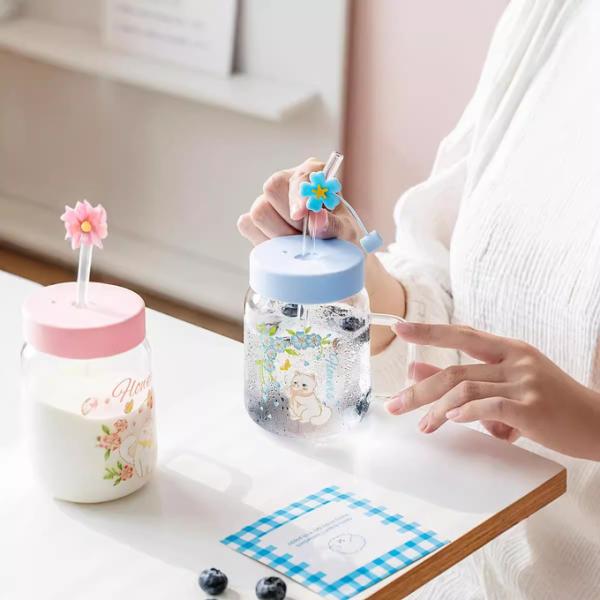 Relief Transparent Cat High-temperature Glass Cup Cute Large-capacity Covered Straw Student Girls' Milk Breakfast Cup Office