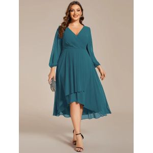 Elegant Empire Long Sleeve V-neck High Low A-line Ruffled Midi Teal Chiffon