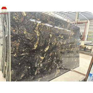 Luxury Modern Polished Black Gold Veins Quartzite Stone Brazil Natural Cosmic