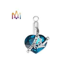 No Tarnish Blue Heart Diamond Cremation Engraved Necklace Charms
