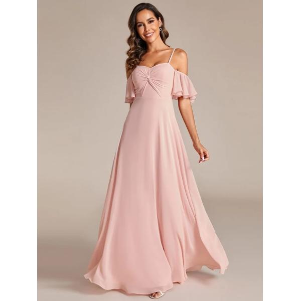 Empire A-line Ruffled Off-shoulder Spaghetti Strap Criss-cross Ruffles Sleeve Pink Chiffon Evening Dress