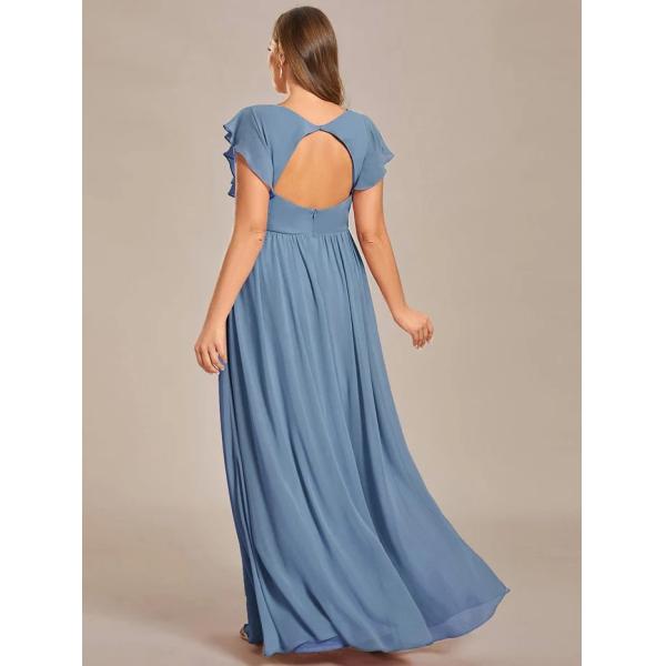 Empire Plus Size V-neck Open Back Ruffled A-line Cap Sleeves Dusty Navy Chiffon Evening Dress