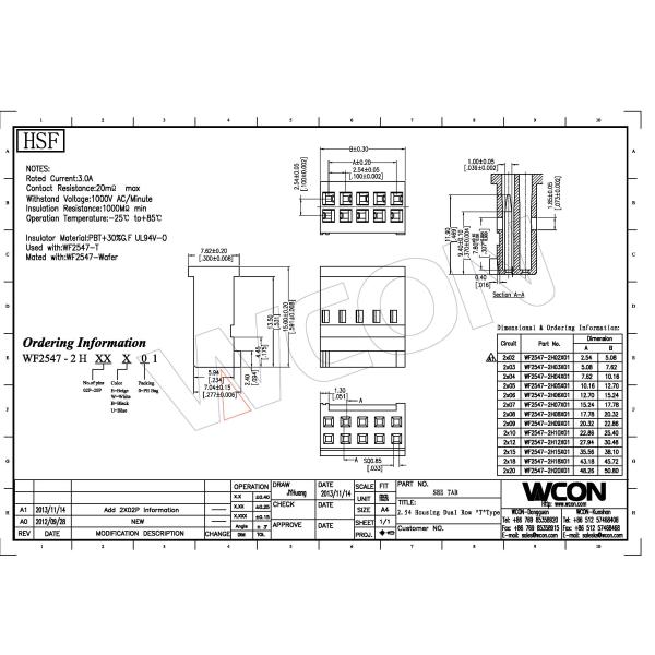"T"Type Connector Wire To Board 2.54mm Pitch Connector Housing 2*8P PBT Blue ROHS