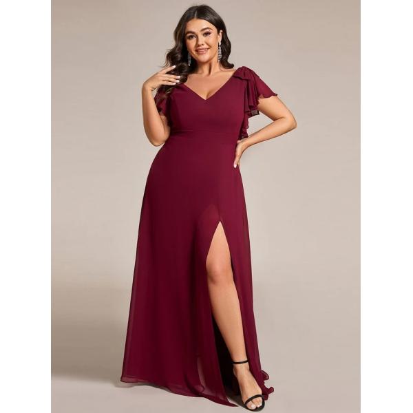 Empire Plus Size Zipper V-neck High Split A-line Short Sleeve Burgundy Chiffon Prom Dress
