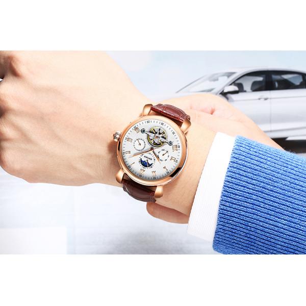 Genuine Leather Mens Winner Automatic Mechanical Watch Moon Phase Automatic Movement Mechanical Watch