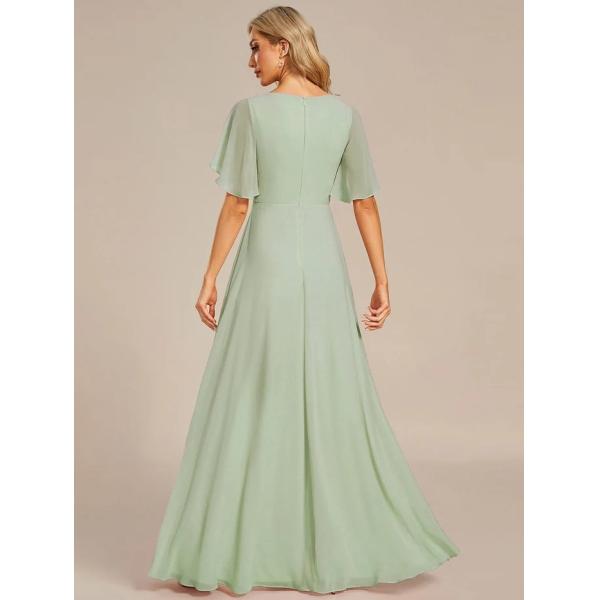 Charming Empire Applique A-line Short Flutter Sleeves V-neck Invisible Zipper Mint Green Chiffon Evening Dress