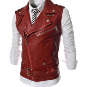 Red Waterproof Side Zipper Mens Leather Biker Vest For Winter Trendy Design