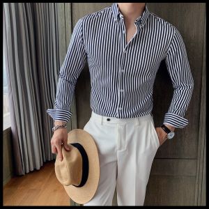 Stand Collar Polyester Cotton Slim Formal Long Sleeve Shirts With Stripes For