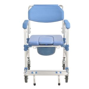 Blue Aluminum Alloy Frame PP Four Wheel Toilet Chair With Brake