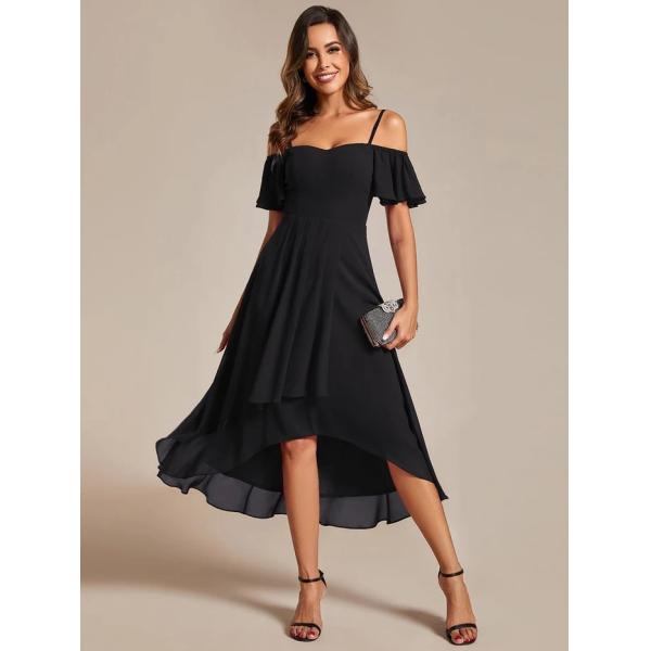 Empire Off-shoulder Spaghetti Strap Zipper High-low Wedding Guest Dresses Short Sleeves Black Chiffon Prom Dress