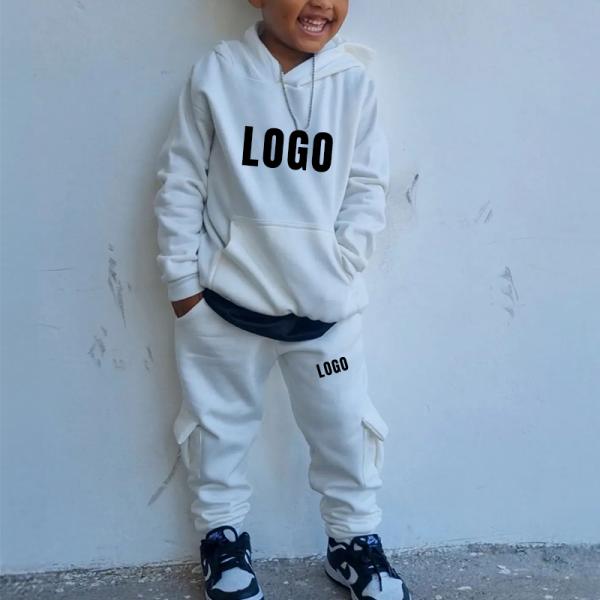 Custom Logo Puff Print Boys Clothing Set 100% Cotton Casual Kids Hoodie Jogging Suit Tracktop Stacked Sweatpants 2 Piece Baby