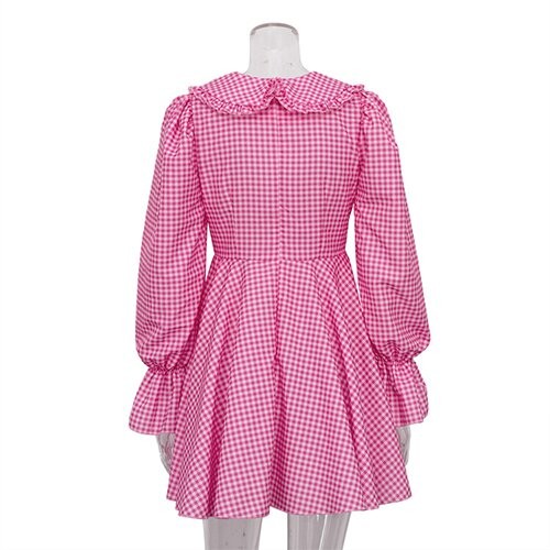 OEM maufactory Cross Border Women'S Pink Polyester Lattice Doll Collar Long Sleeve Dress