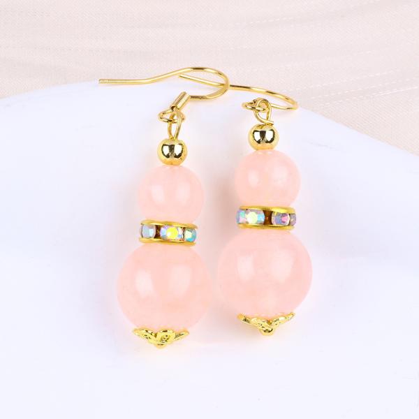 Healing Energy Pink Rose Quartz Crystal Short Dangle Round Shape Bead Hook Earring For Daily Wear