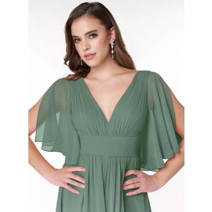 Elegant Wholesale Ruched Chiffon Long Bridesmaid Dress Short Cap Sleeves V-Neck